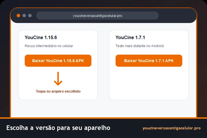 Escolha de um APK antigo do YouCine antes do download no celular